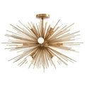 Brass Starburst Chandelier mid-century Sputnik multi-arm brass ceiling light with warm golden glow in contemporary living room interior