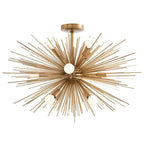 Brass Starburst Chandelier mid-century Sputnik multi-arm brass ceiling light with warm golden glow in contemporary living room interior