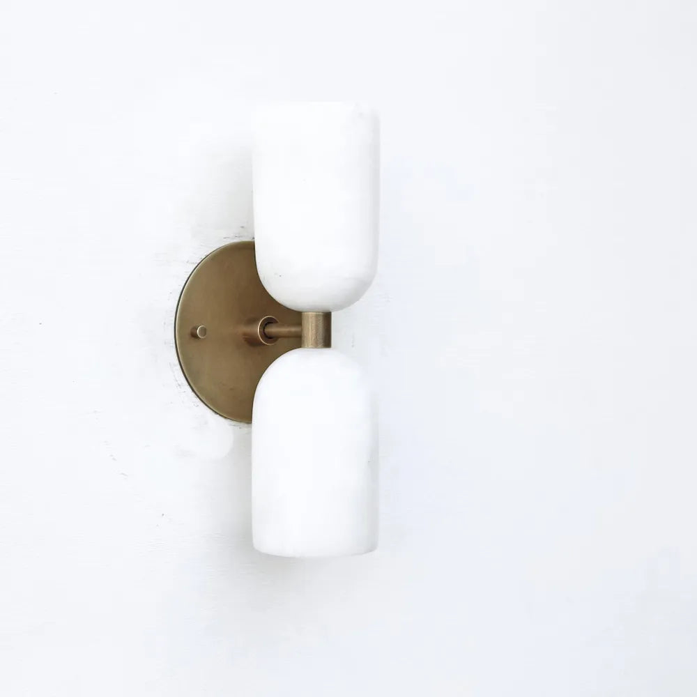 Elegant Vintage French Brass Wall Light with Double Alabaster Shades