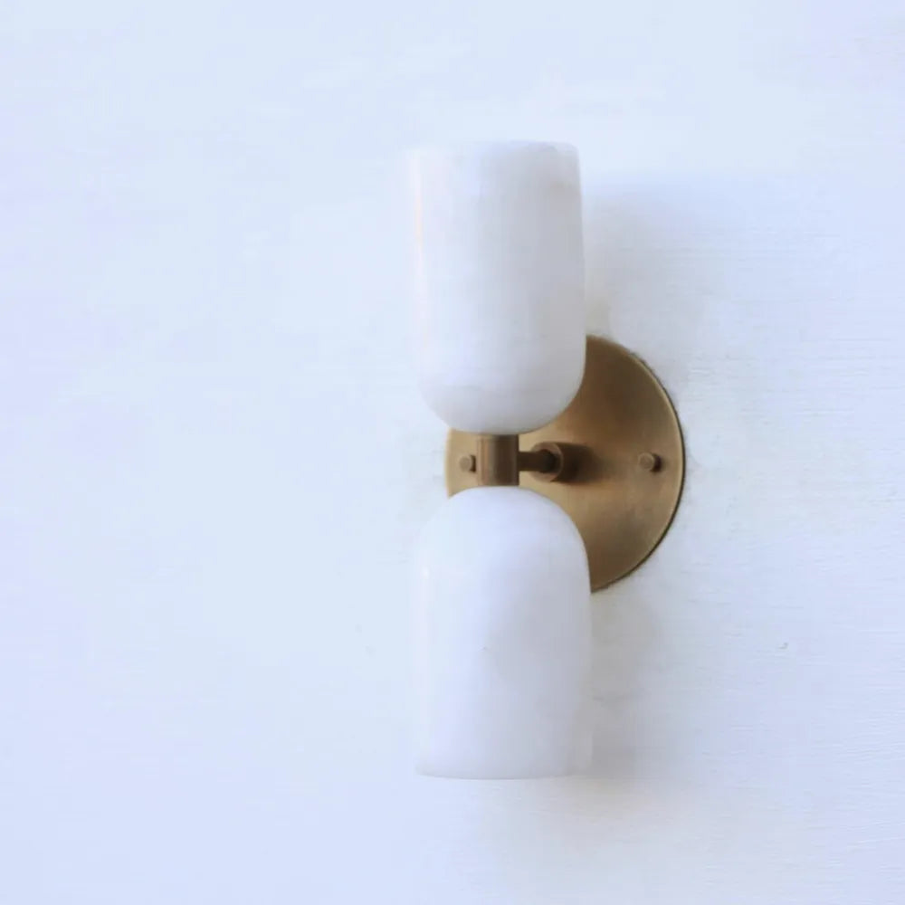 Elegant Vintage French Brass Wall Light with Double Alabaster Shades - View 2