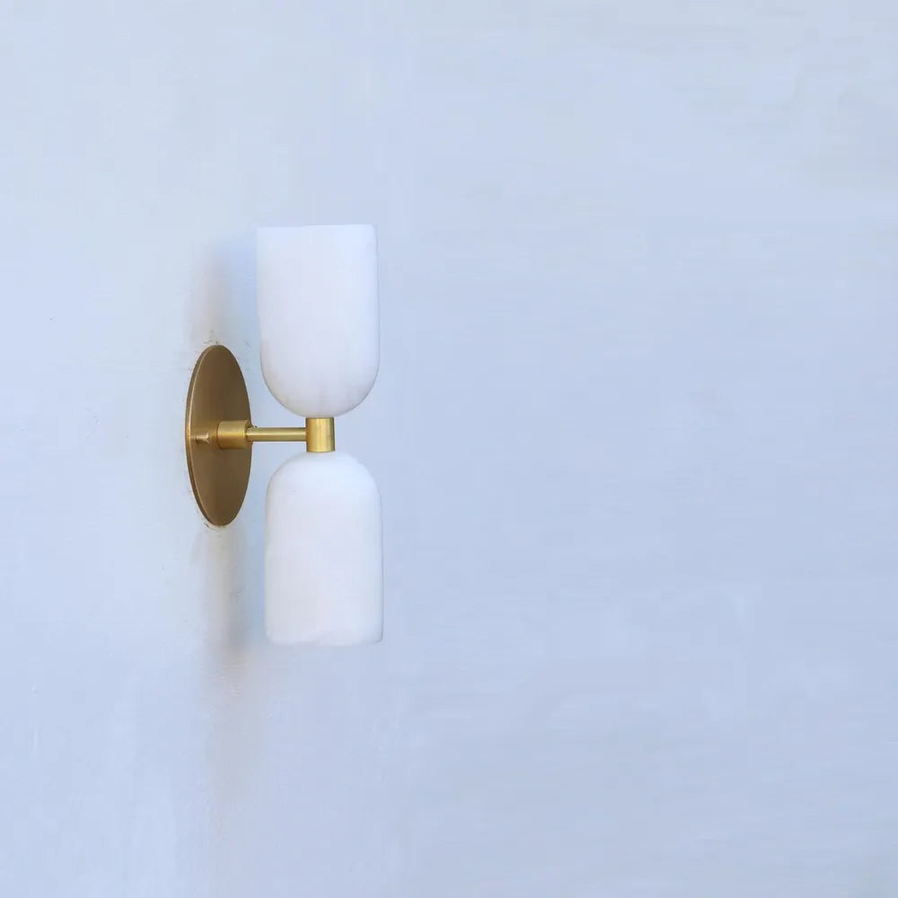 Elegant Vintage French Brass Wall Light with Double Alabaster Shades - View 3