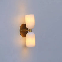 Elegant Vintage French Brass Wall Light with Double Alabaster Shades - View 4