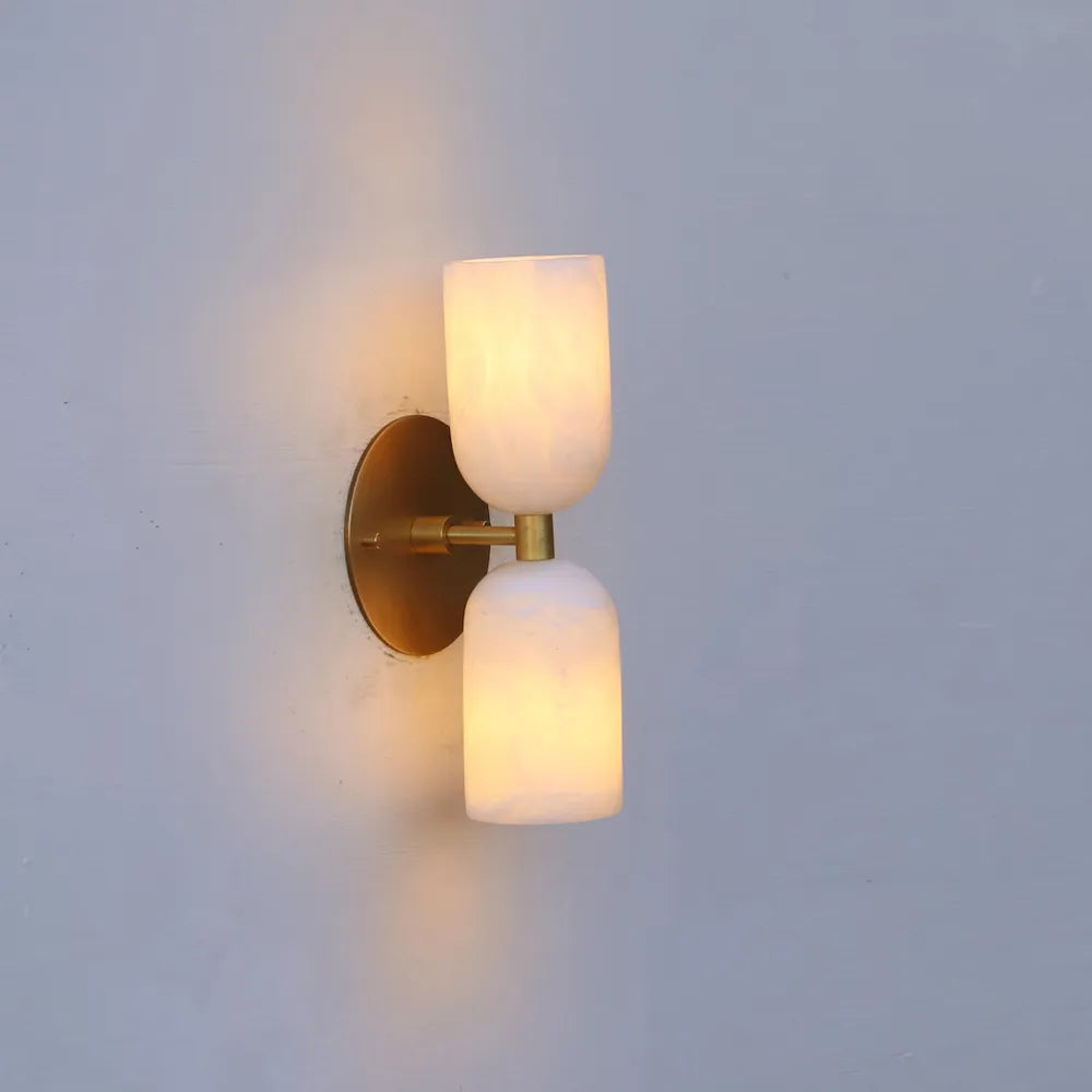 Elegant Vintage French Brass Wall Light with Double Alabaster Shades - View 4
