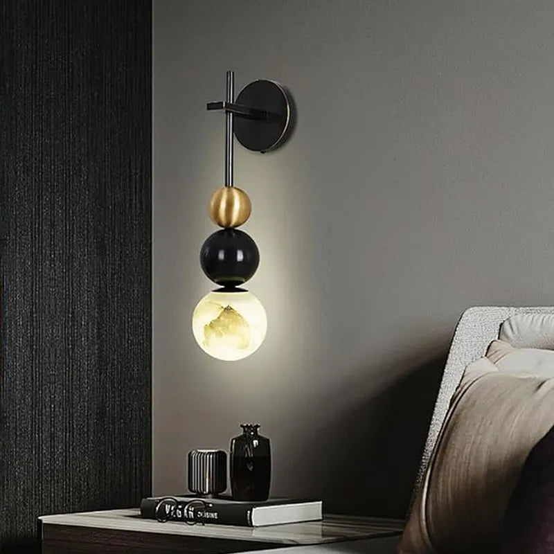 Copper Wall Sconce with Alabaster Shade | Black & Brass Modern Ball Design