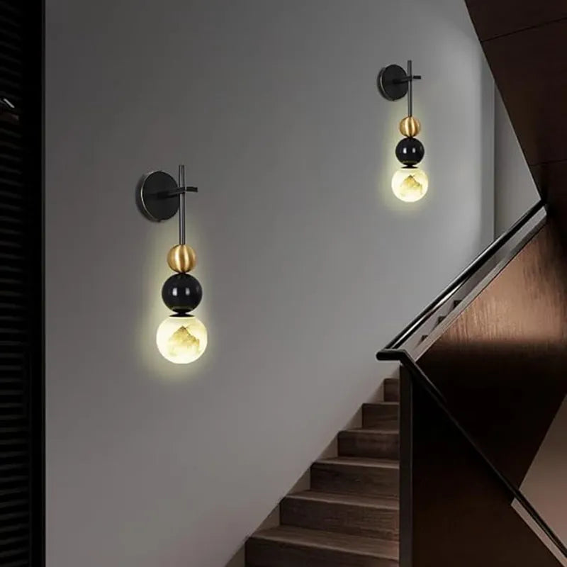 Copper Wall Sconce with Alabaster Shade | Black & Brass Modern Ball Design