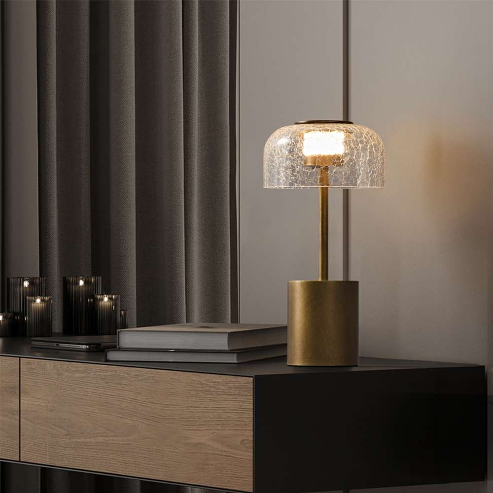gold table lamp with crack glass shade
