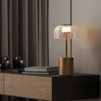 gold table lamp with crack glass shade