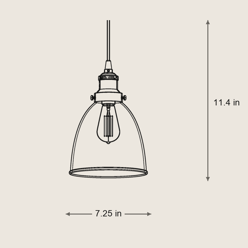 Industrial Cloche Pendant Light in Antiqued Brass — Dimensions: 7.25 in width, 11.4 in height, 7.25 in depth, 3.2 lb weight
