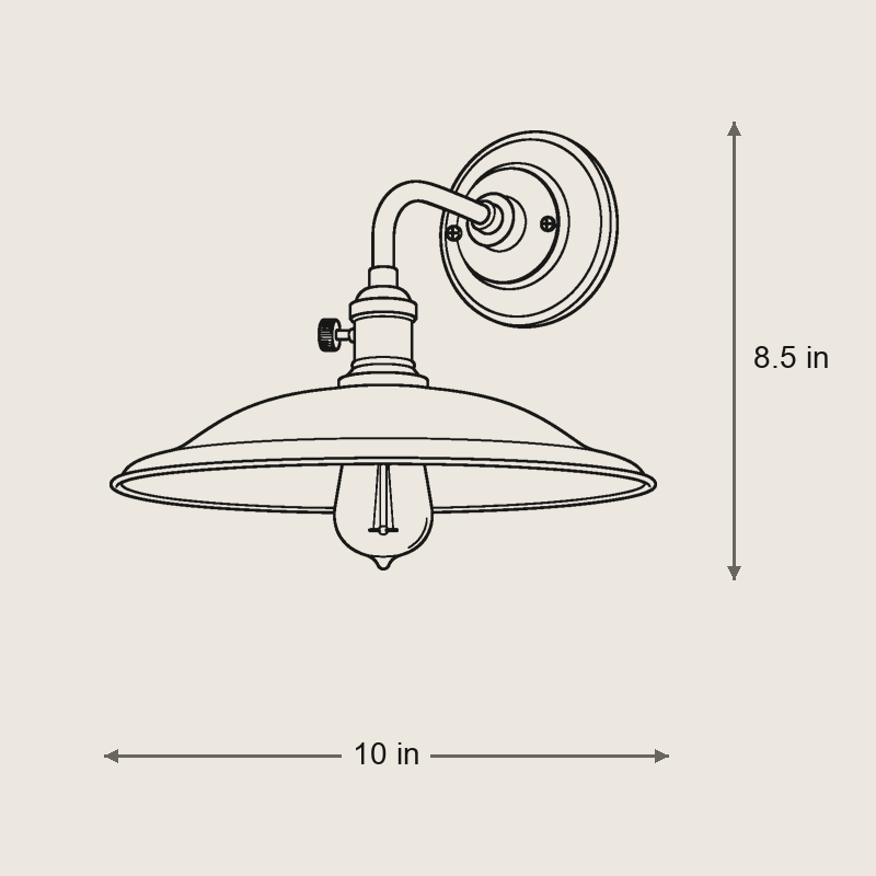One-Light Steel Barn Wall Sconce with Edison Filament Bulb — Dimensions: 10 in width, 8.5 in height, 12 in depth