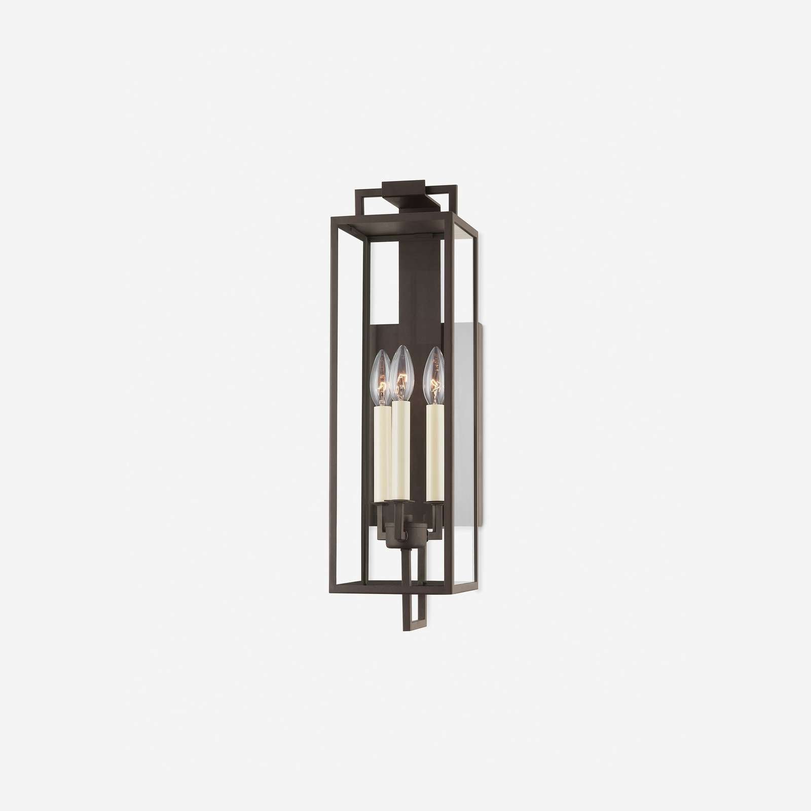 Judy Forged Iron Clear Glass Indoor Outdoor Lantern Sconce weather-rated wall light with warm classic glow mounted on porch exterior wall