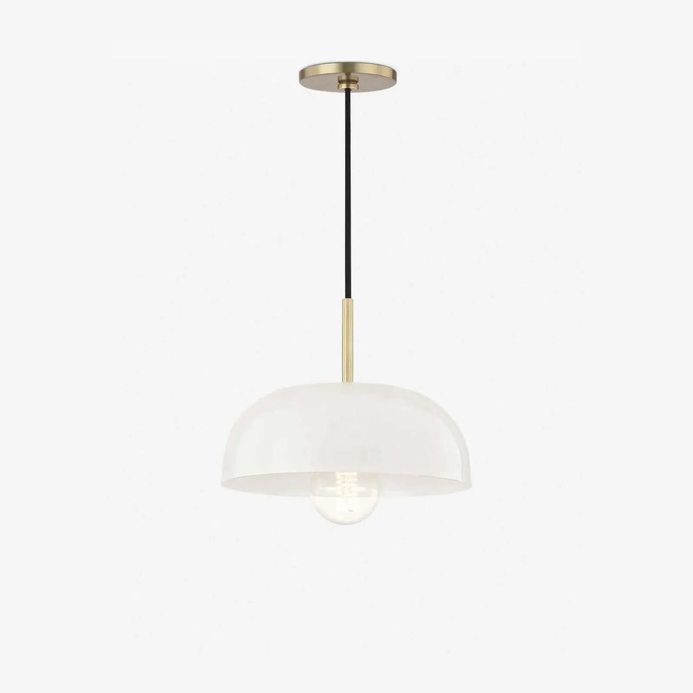 Dea Aged Brass Cream Dome Pendant Light heritage patinated brass dome hanging light with cream interior and warm focused downlight above kitchen island
