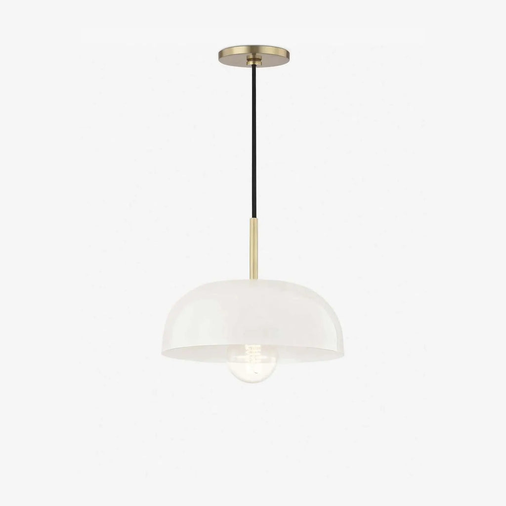 Dea Aged Brass Cream Dome Pendant Light heritage patinated brass dome hanging light with cream interior and warm focused downlight above kitchen island