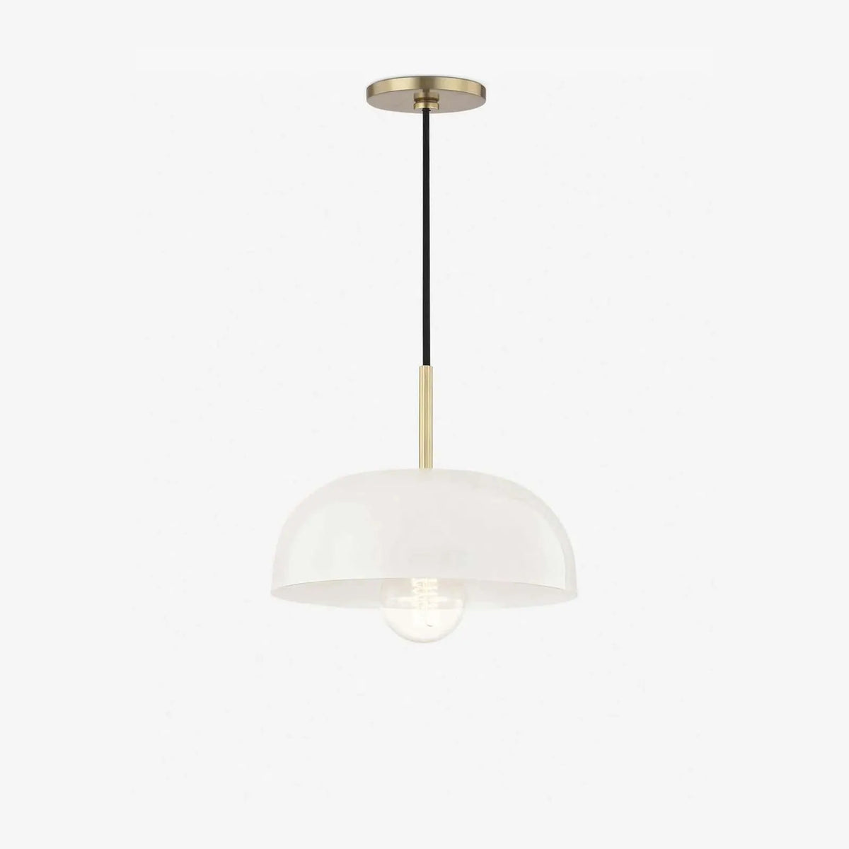Dea Aged Brass Cream Dome Pendant Light heritage patinated brass dome hanging light with cream interior and warm focused downlight above kitchen island