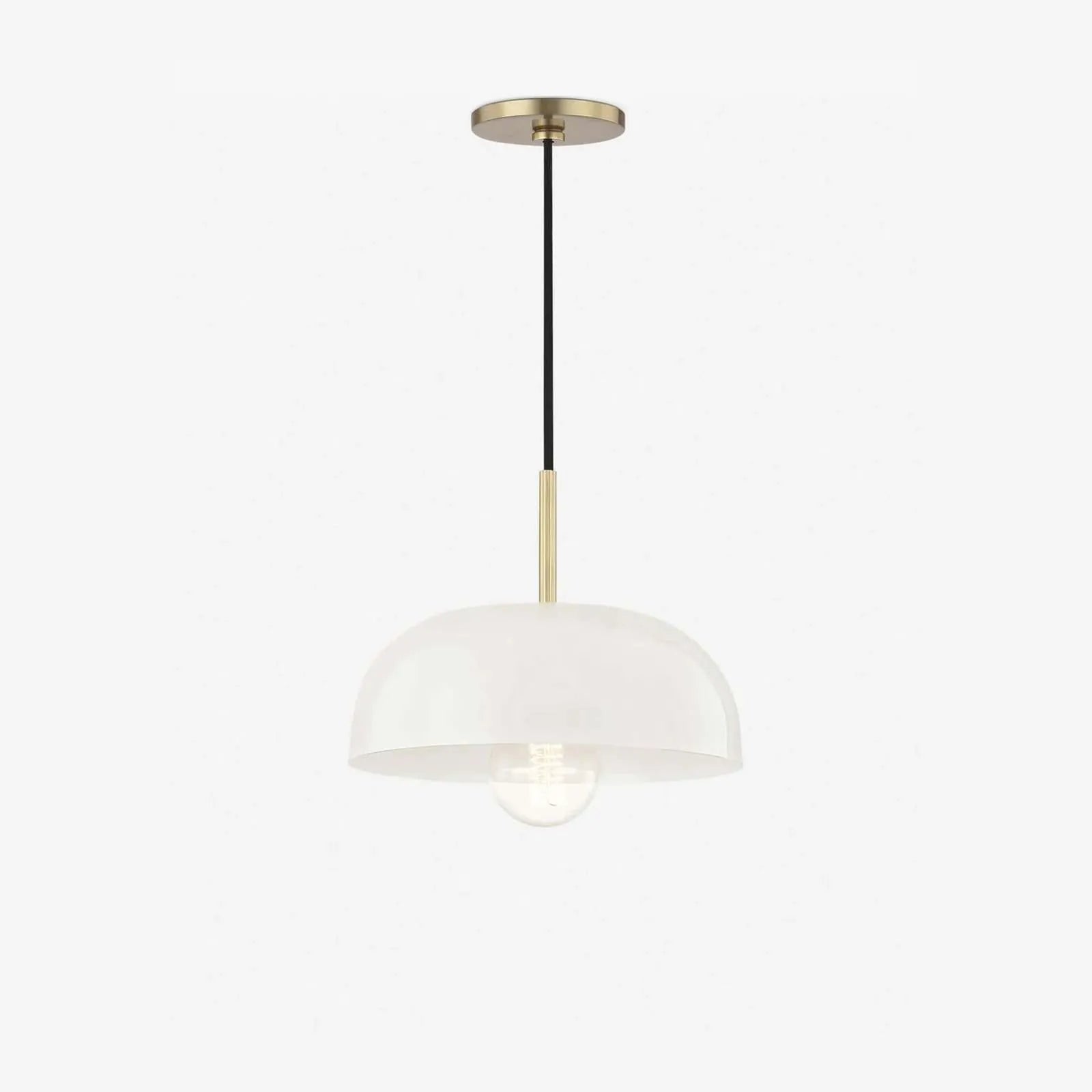 Dea Aged Brass Cream Dome Pendant Light heritage patinated brass dome hanging light with cream interior and warm focused downlight above kitchen island