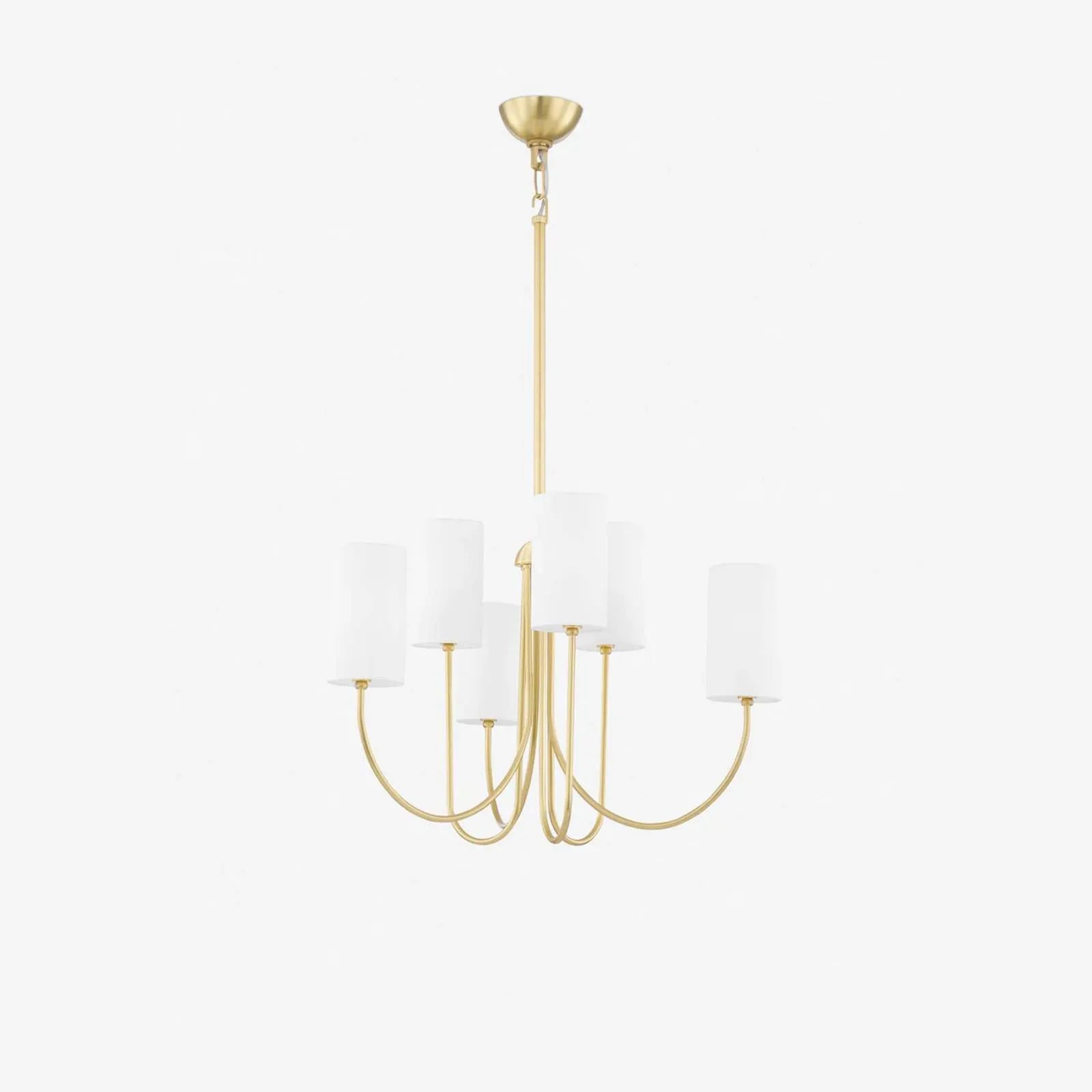 Midford Aged Brass Linen Shade Chandelier 8-Light heritage patinated brass arms eight linen shades soft layered glow in elegant dining room interior