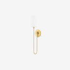 Midford Aged Brass White Linen Wall Sconce heritage-warm patinated brass arm with crisp white linen shade and soft fabric glow in elegant bedroom interior
