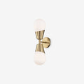 Prim Aged Brass Opal Glass 2-Light Wall Sconce heritage dual-globe patinated brass wall light with warm milky glow in elegant bedroom interior