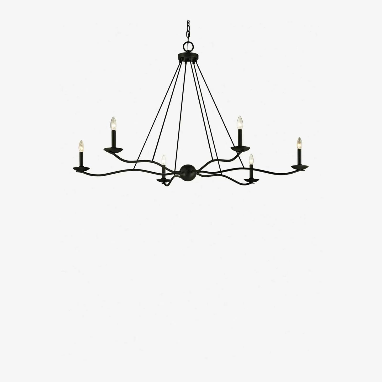 Atherton Forged Iron Chandelier 6-Light industrial raw iron arms ceiling light with warm commanding glow in modern dining room interior