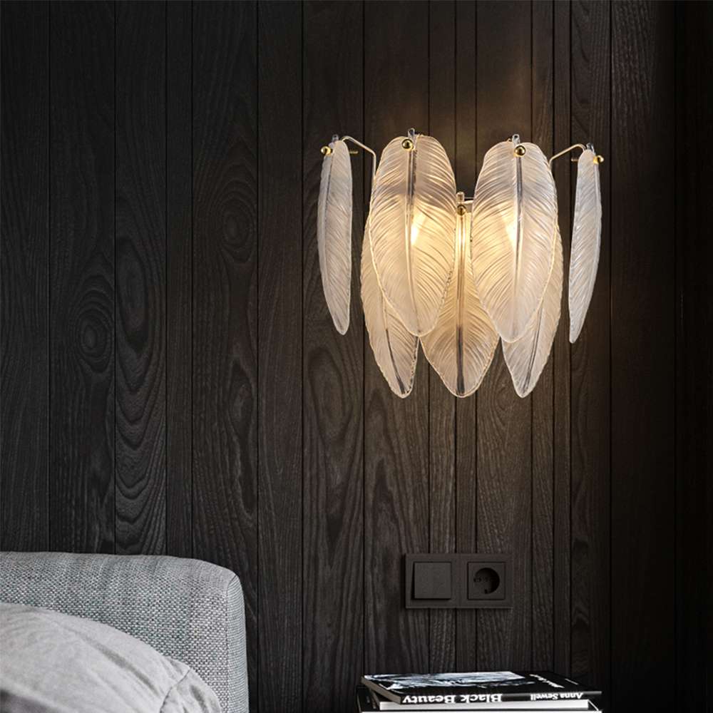 glass white feather wall sconce