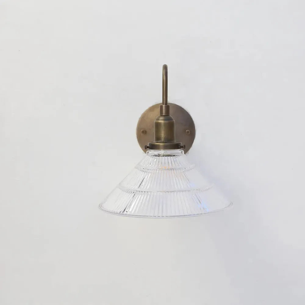 Industrial French Vintage Brass Wall Lamp with Clear Pyramid Glass Shade - View 2