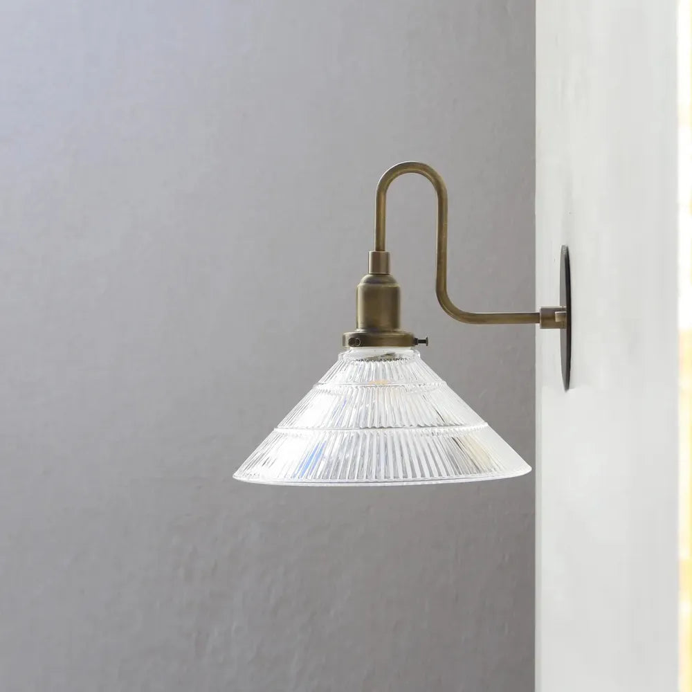 Industrial French Vintage Brass Wall Lamp with Clear Pyramid Glass Shade - View 3