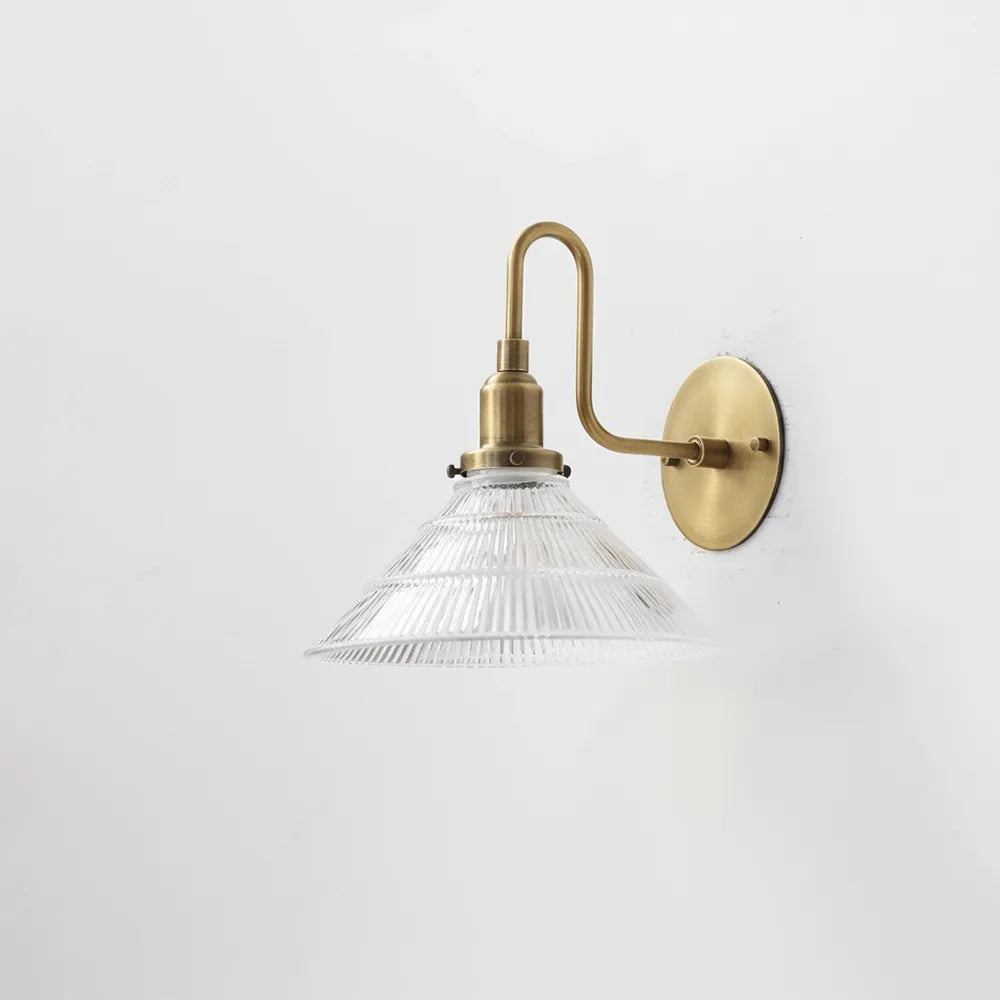 Industrial French Vintage Brass Wall Lamp with Clear Pyramid Glass Shade