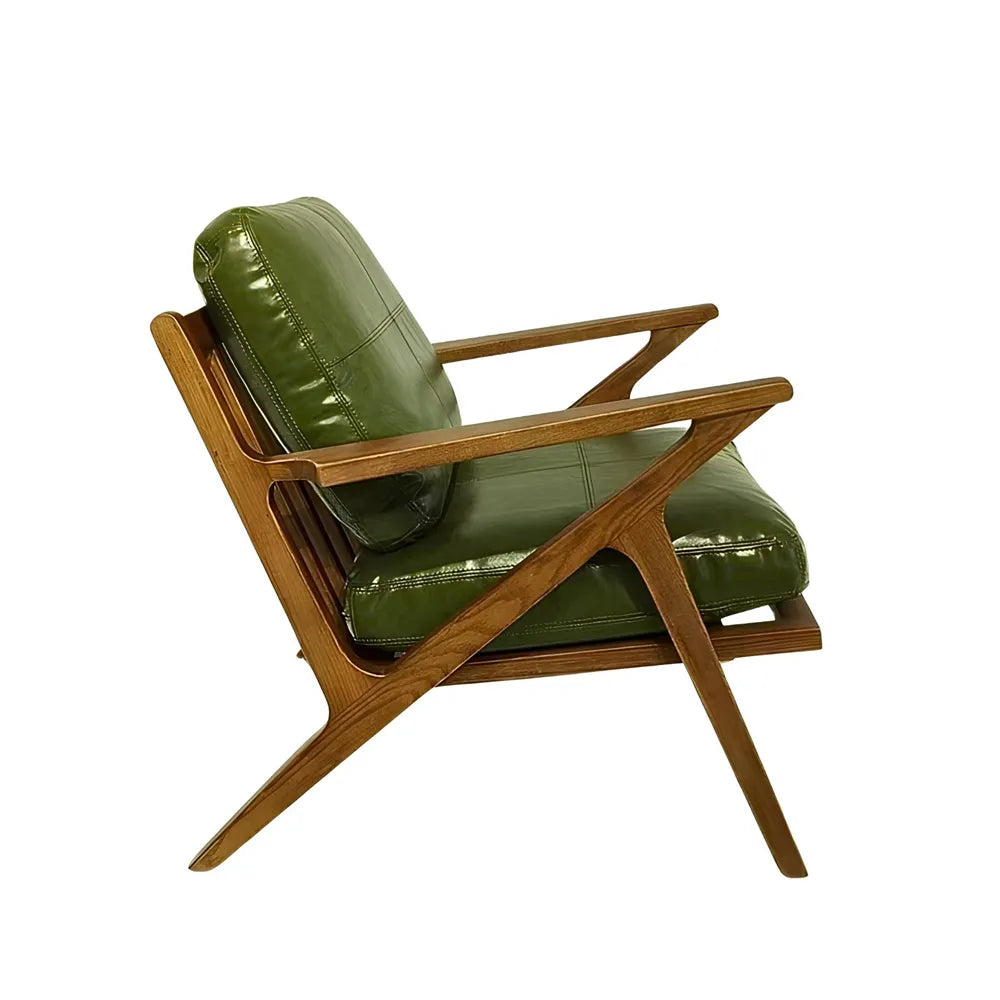 Green Leather Lounge Chair Solid Wood Frame Armchair Accent Seating