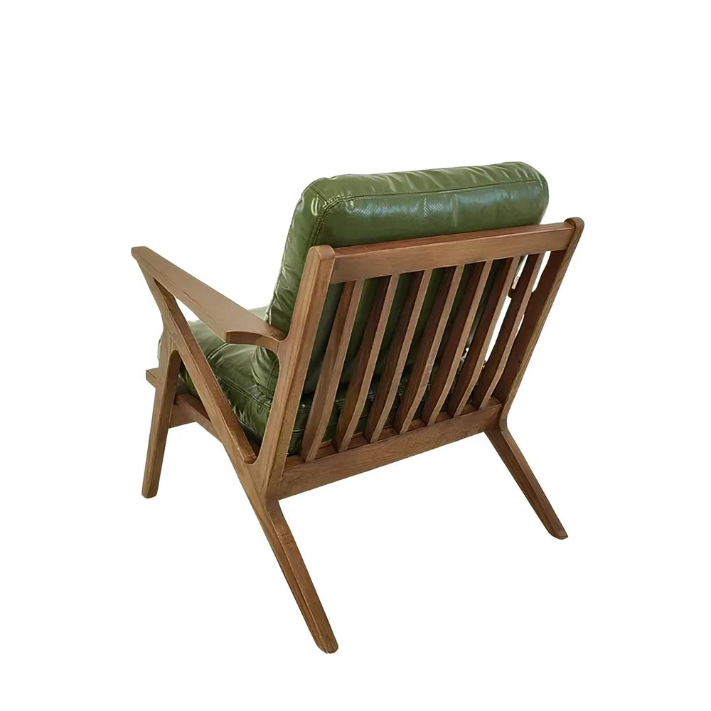 Green Leather Lounge Chair Solid Wood Frame Armchair Accent Seating