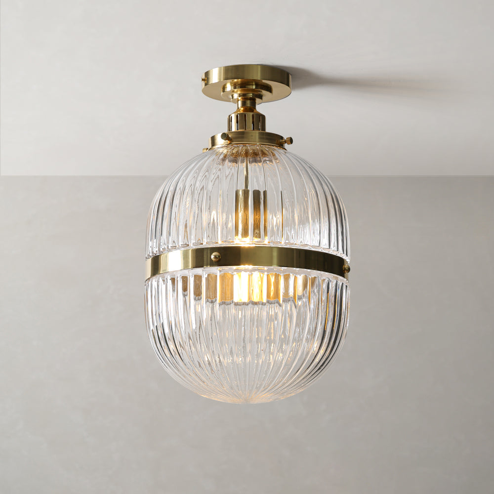 Hastings Hand-Blown Ribbed Glass Antique Brass Semi-Flush Mount