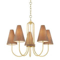 Jessel aged brass chandelier with grasscloth shades and sweeping arms.