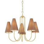 Jessel aged brass chandelier with grasscloth shades and sweeping arms.