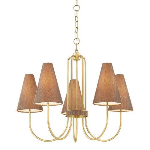 Jessel aged brass chandelier with grasscloth shades and sweeping arms.
