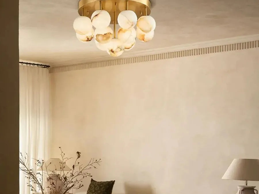 Alabaster globe flush mount in a living room