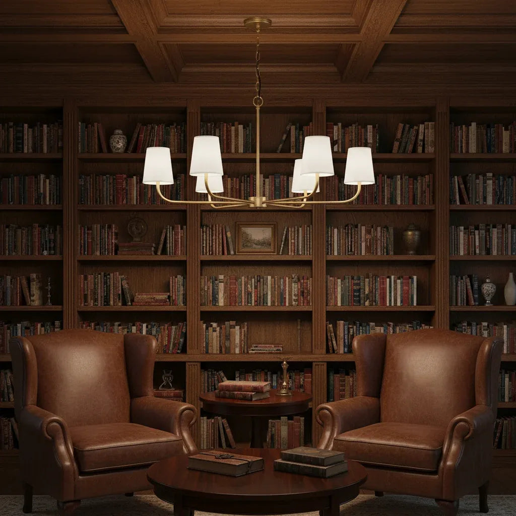 Aged brass linear chandelier in a dark panelled library
