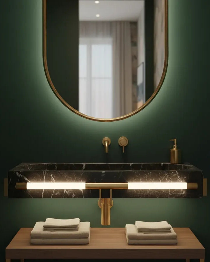 Alabaster vanity light in a green bathroom