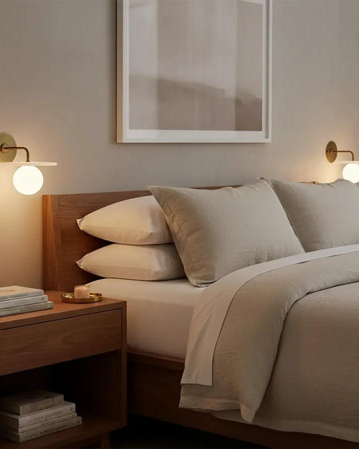 Alabaster wall lamps either side of a bed