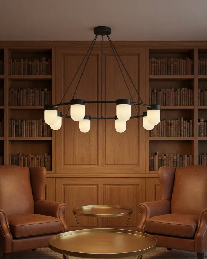 Ring chandelier in a wood-panelled library