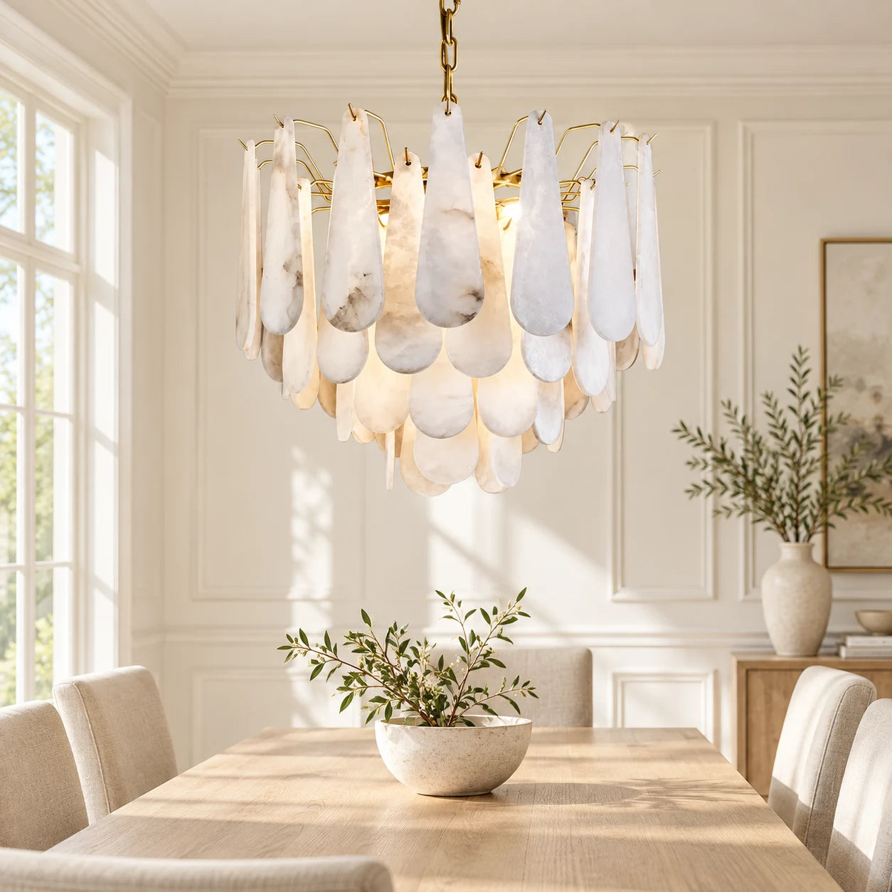 Alabaster Feathery Chandelier in a bright dining room with ivory walls and a natural oak table