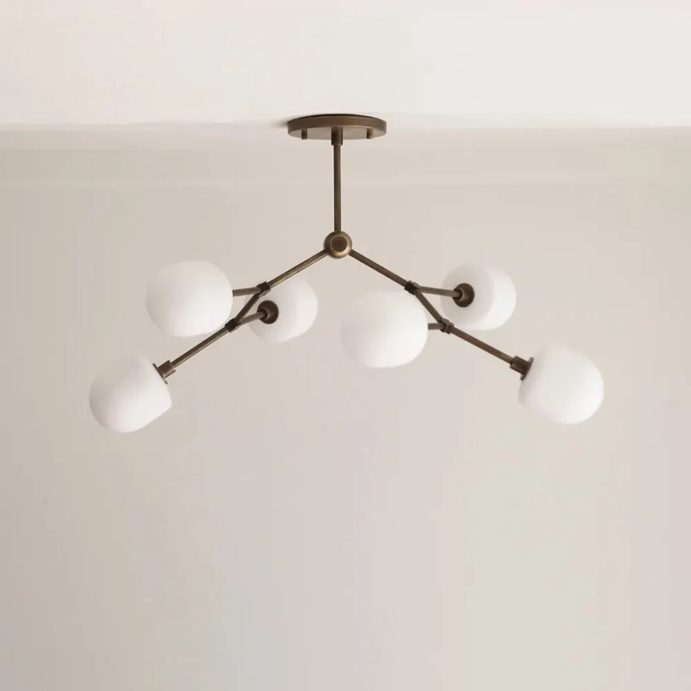 Medieval Brass Sputnik Chandelier with Minimalist Off-White Lampshades