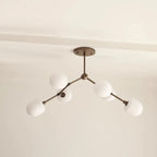 Medieval Brass Sputnik Chandelier with Minimalist Off-White Lampshades - View 2