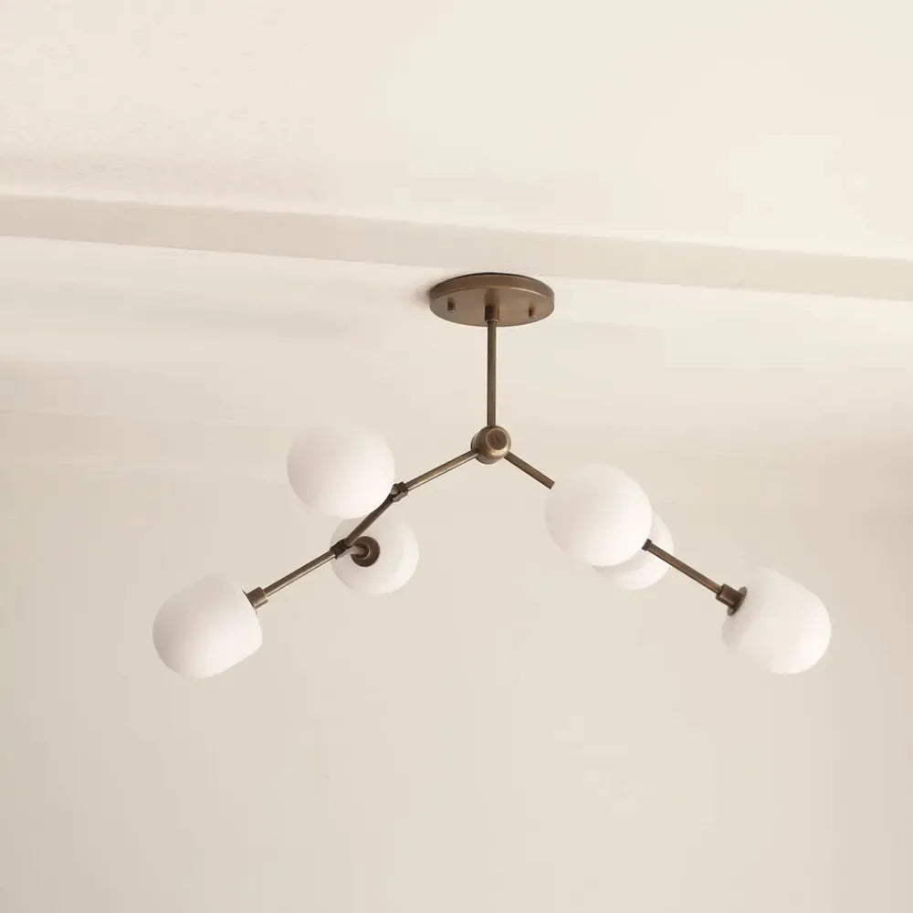 Medieval Brass Sputnik Chandelier with Minimalist Off-White Lampshades - View 2
