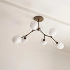 Medieval Brass Sputnik Chandelier with Minimalist Off-White Lampshades - View 3
