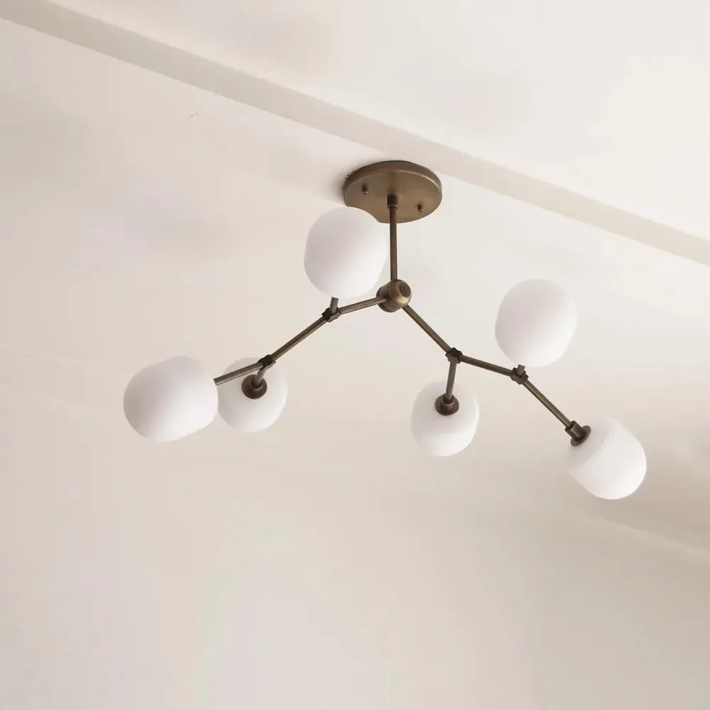 Medieval Brass Sputnik Chandelier with Minimalist Off-White Lampshades - View 3