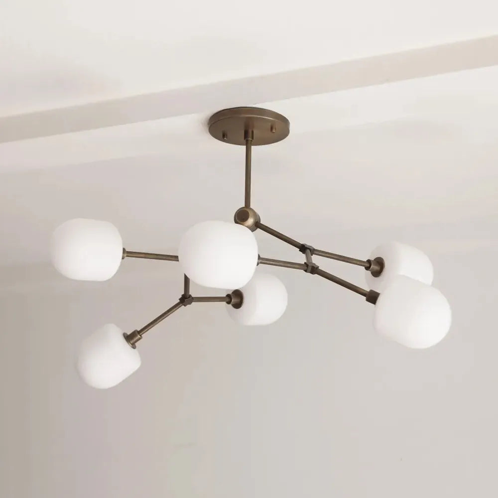 Medieval Brass Sputnik Chandelier with Minimalist Off-White Lampshades - View 4