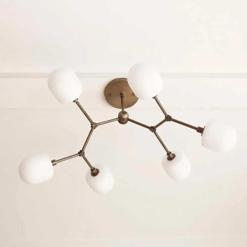 Medieval Brass Sputnik Chandelier with Minimalist Off-White Lampshades - View 5