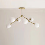 Medieval Brass Sputnik Chandelier with Minimalist Off-White Lampshades