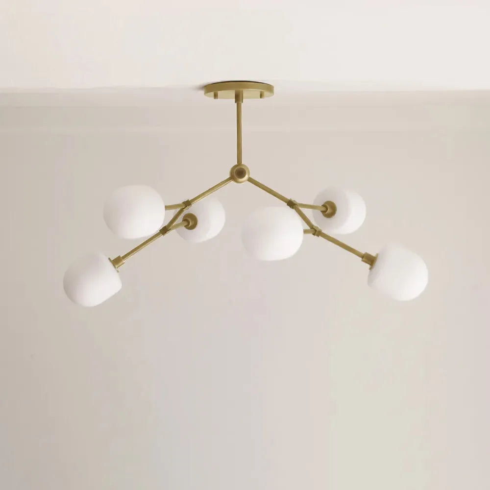 Medieval Brass Sputnik Chandelier with Minimalist Off-White Lampshades