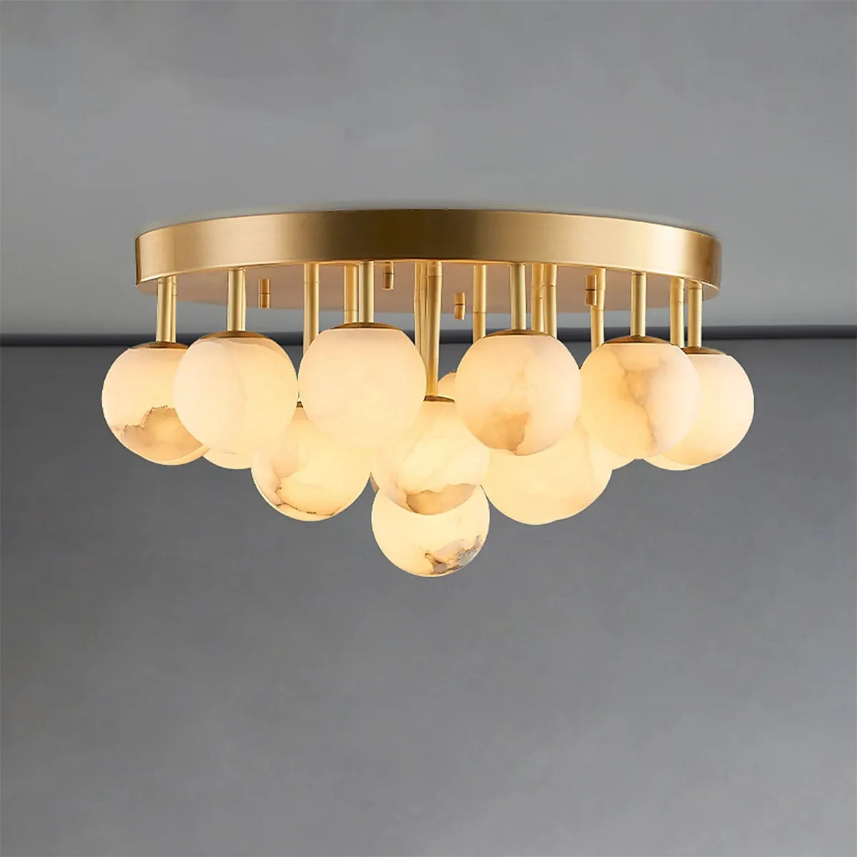 Modern Alabaster Bubble Globe Ceiling Light with Brass Finish, Flush Mount