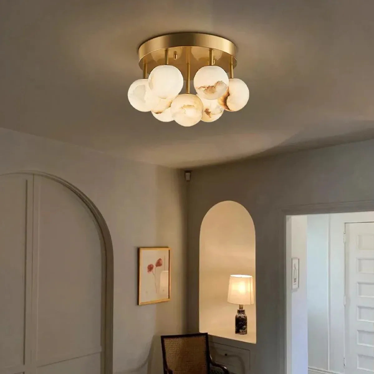 Modern Alabaster Bubble Globe Ceiling Light with Brass Finish, Flush Mount