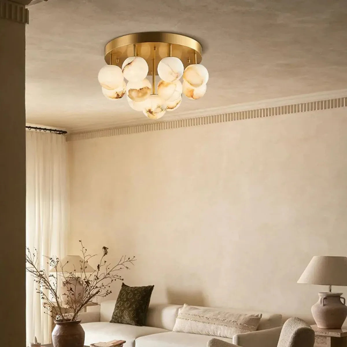 Modern Alabaster Bubble Globe Ceiling Light with Brass Finish, Flush Mount - View 2